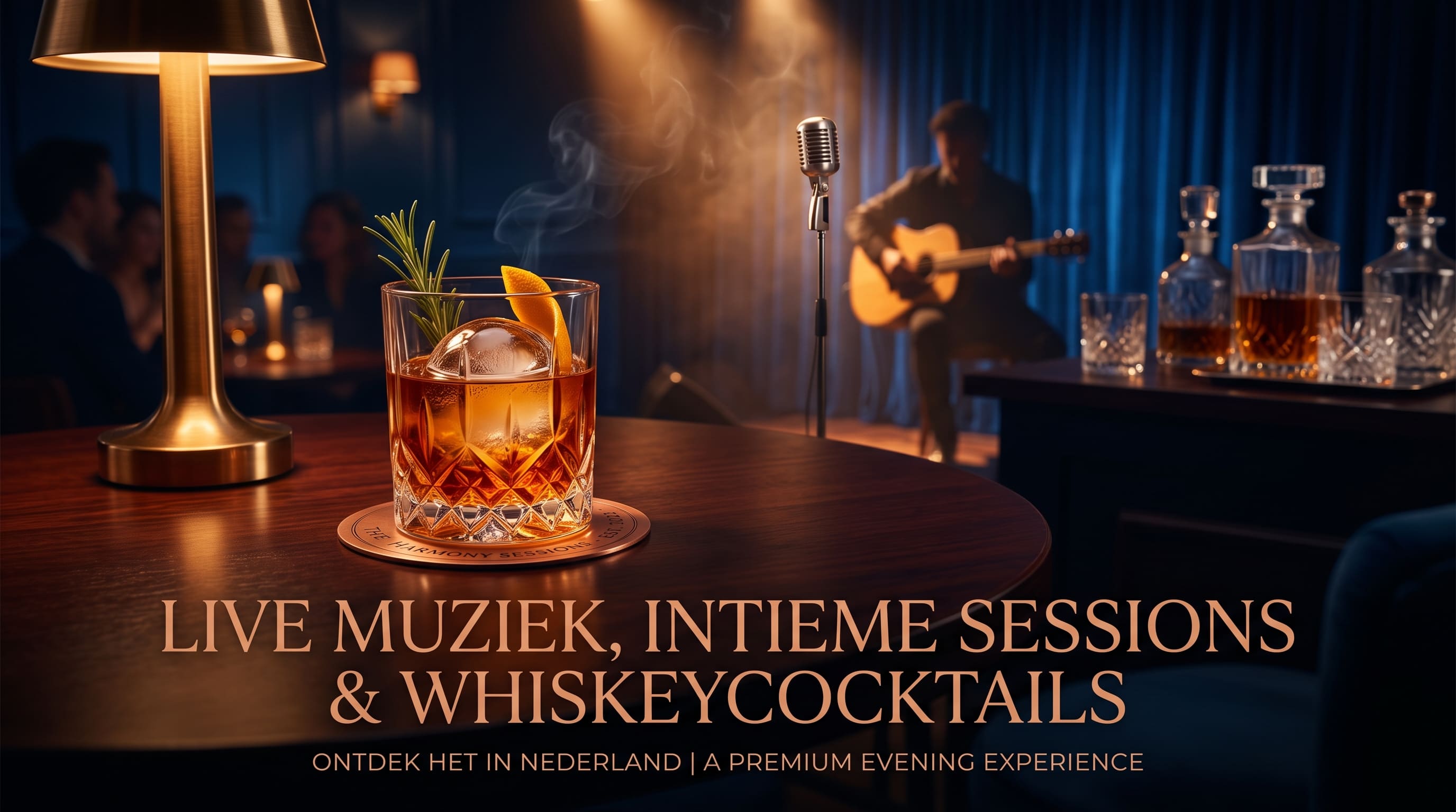 Een whiskeyglas op een houten tafel, een gitarist bij een microfoon en karaffen met amberkleurige drank op de bar