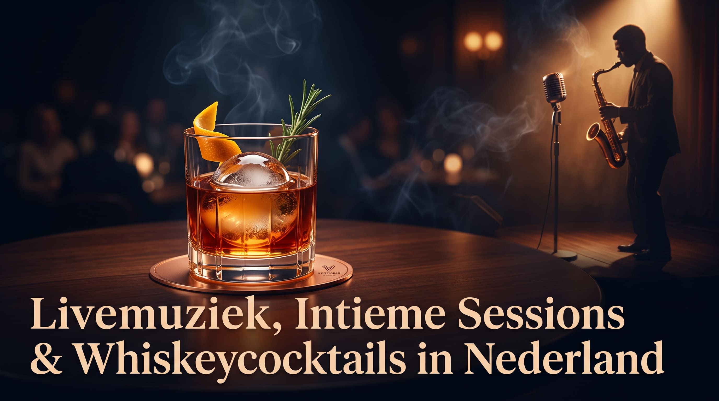 Een whiskeyglas met een bol ijs, sinaasappel en rozemarijn op een ronde tafel, met een saxofonist bij een microfoon op een klein podium