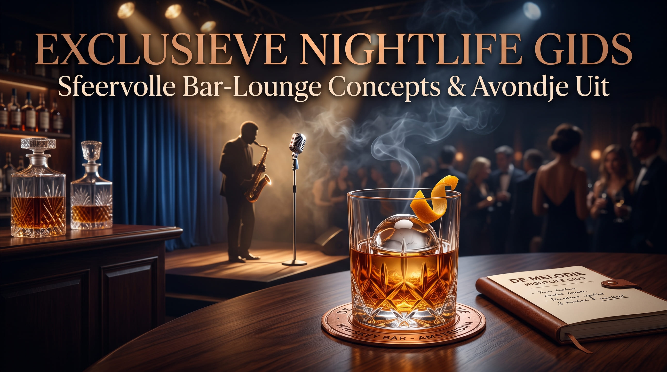 Een whiskeyglas met ijs en sinaasappelschil op een ronde tafel, karaffen links en een saxofonist op een podium met gasten