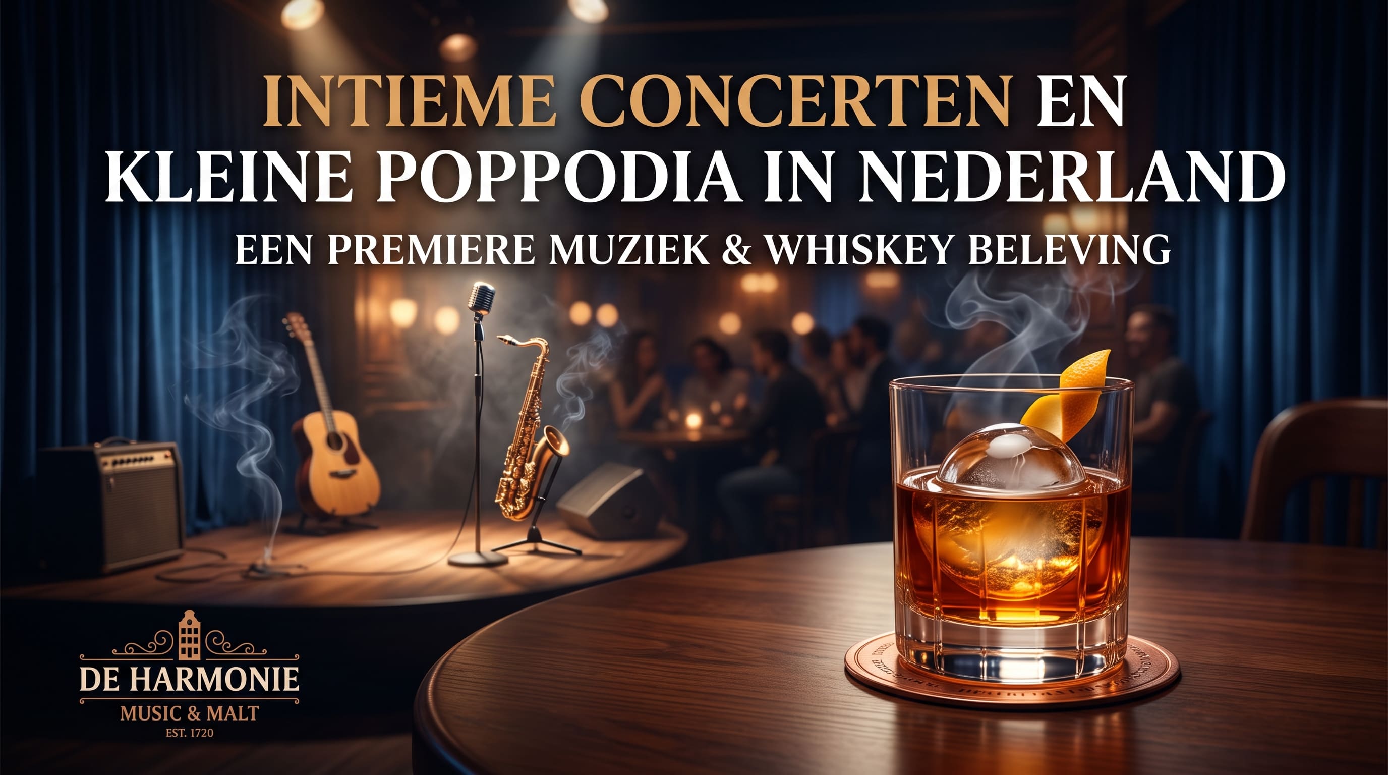 Een klein podium met gitaar, saxofoon en microfoon, en een whiskeyglas met ijs op de voorgrond