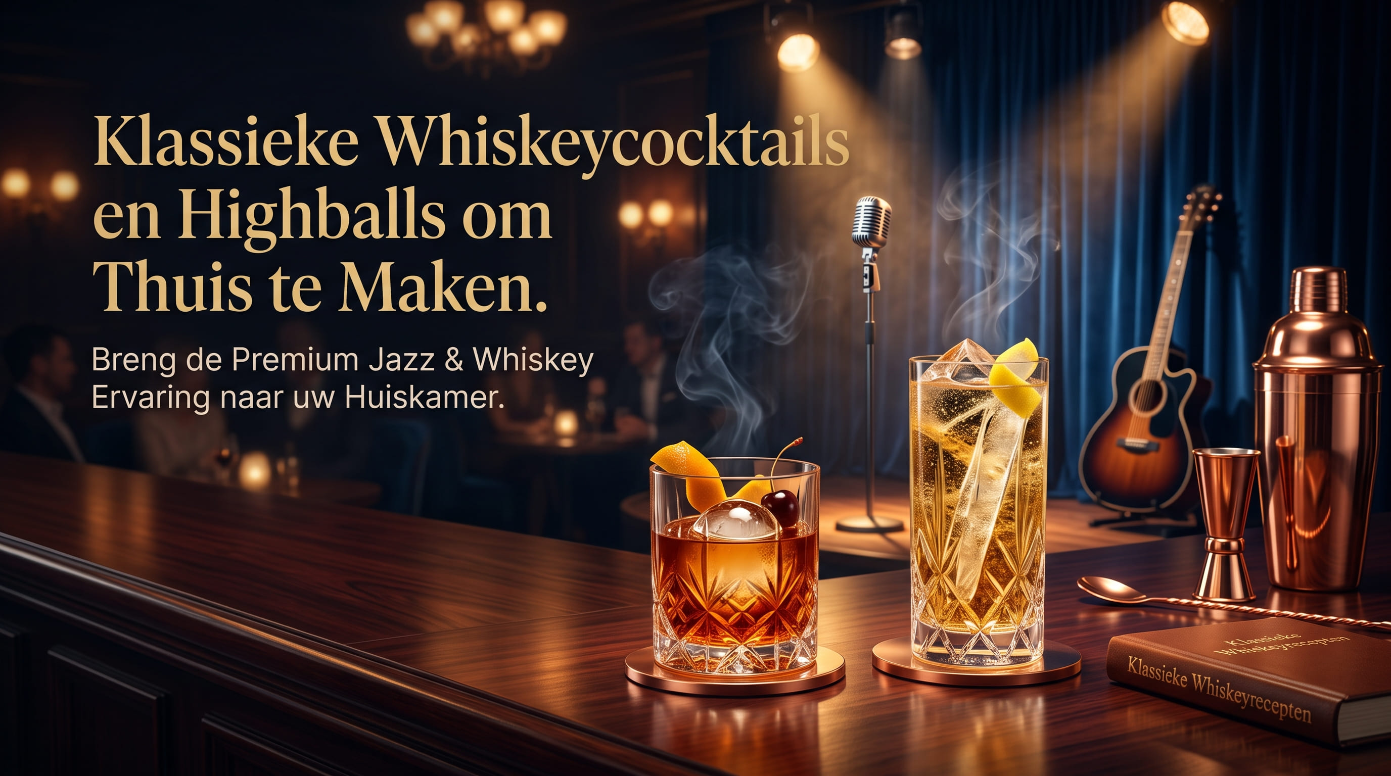 Een laag whiskeyglas en een hoog glas met ijs op een houten bar, met een koperen shaker en een gitaar op de achtergrond